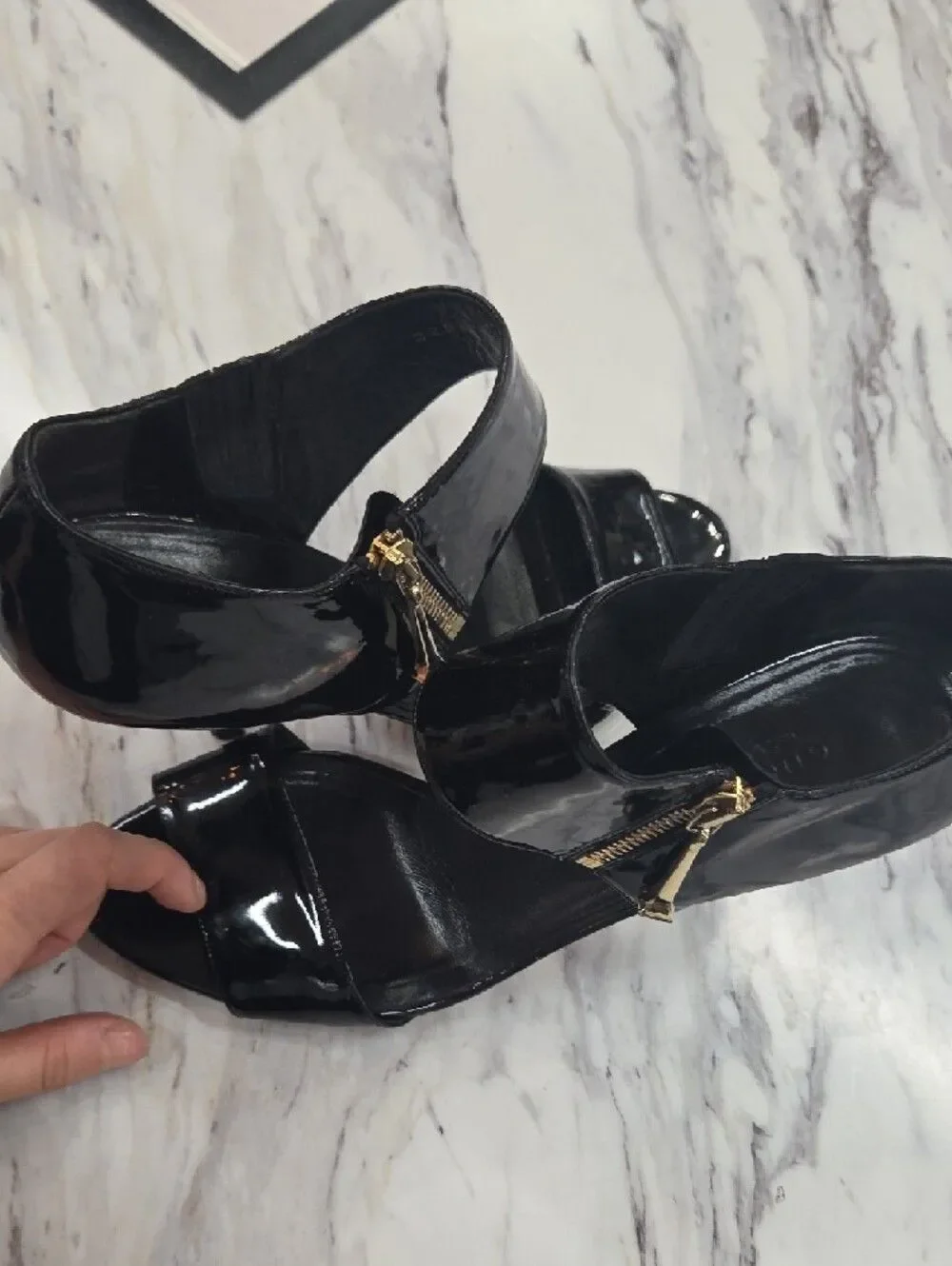 Gucci Black Patent Leather Stiletto Heels with Gold Zip Accent